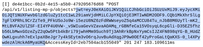 Log line containing a JWT token